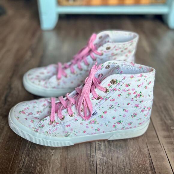 Superga Shoes - Superga High Top Floral Sneakers for Women Size 10 Pink/White